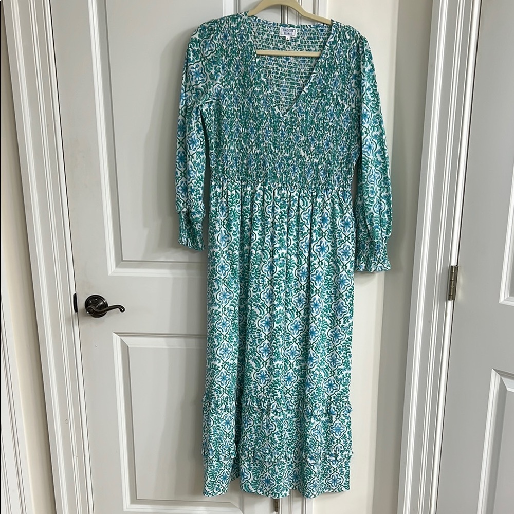 Pink City Prints L Large Isabel Lined Blue Teal Long Sleeved Smocked Dress